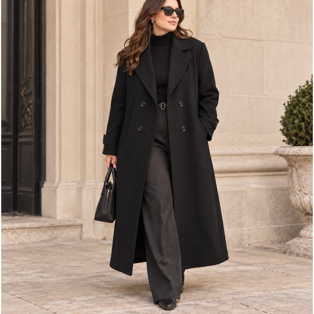 Vintage Black Wool Coat Double Breasted Long Trench 18 90s Minimalist Luxury